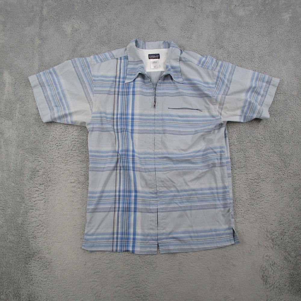 Patagonia Mens XL Blue Sideburn Striped Quarter Zip Short Sleeve Shirt 20772S6